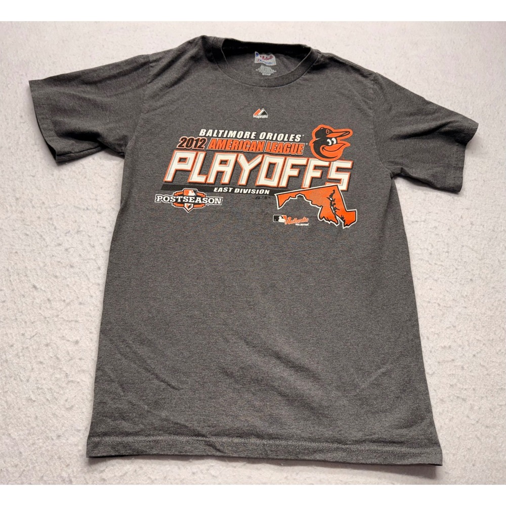 Majestic Baltimore Orioles 2012 AL Playoffs T-Shirt Mens Small Gray MLB Tee
